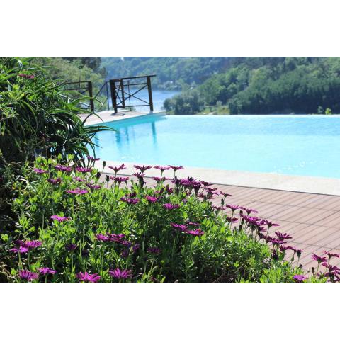 Casa antiga de pedra com piscina e vista rio